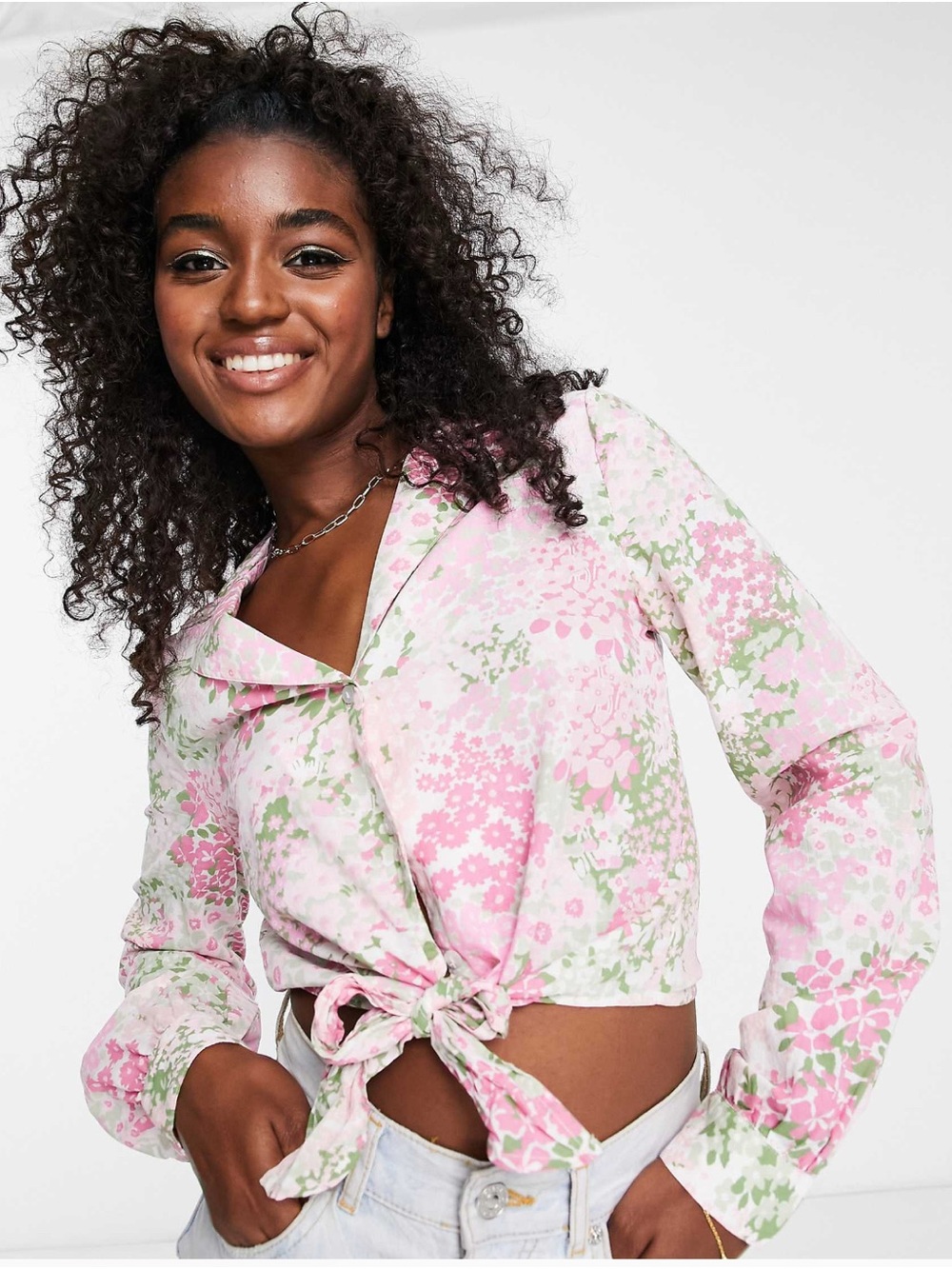 Miss Selfridge Pink & Green Floral Tie-Front Blouse